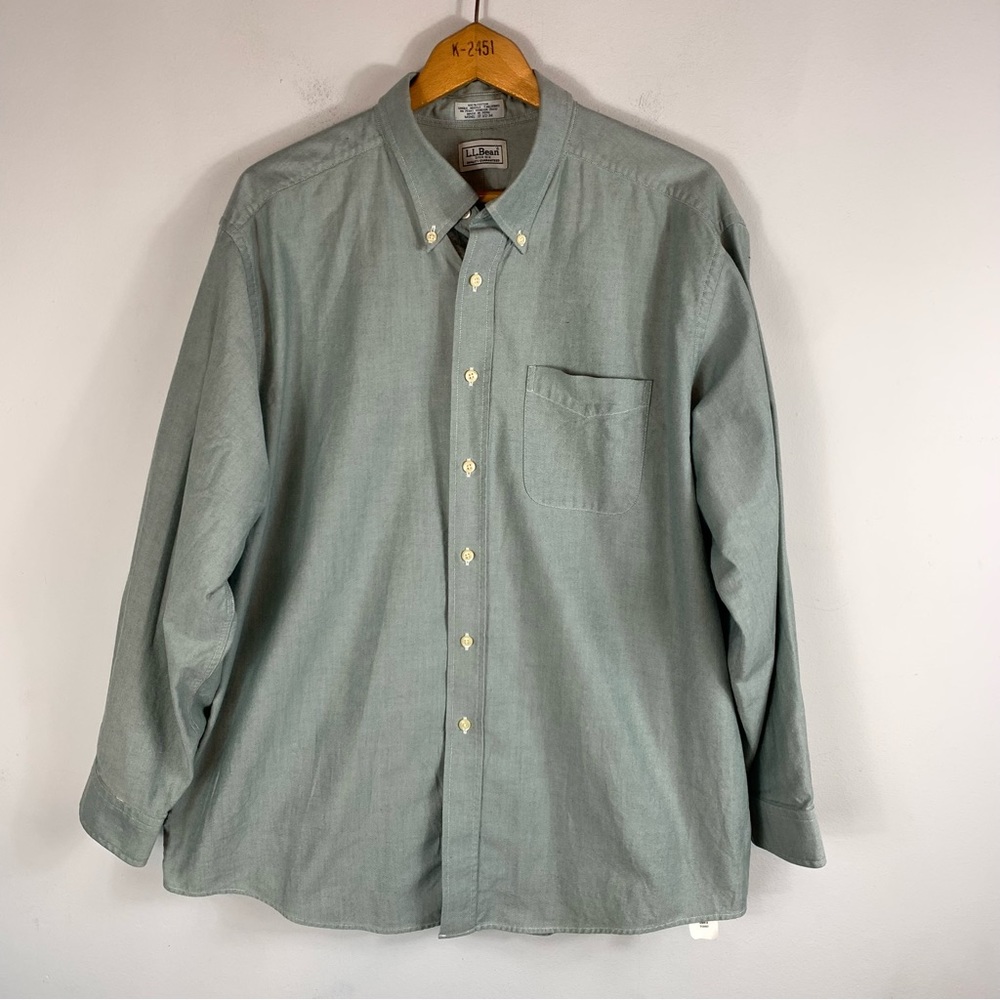 LL Bean Green Cotton Single Needle Tailoring 17.5-34 Button Down Shirt - Picture 2 of 9